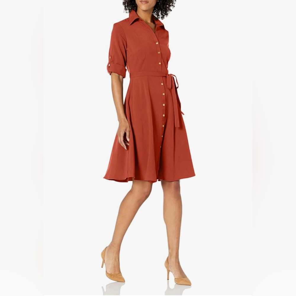 Sharagano Women's Button Front Pleated Shirt Dress, Parisian Terracotta, Sz. 6